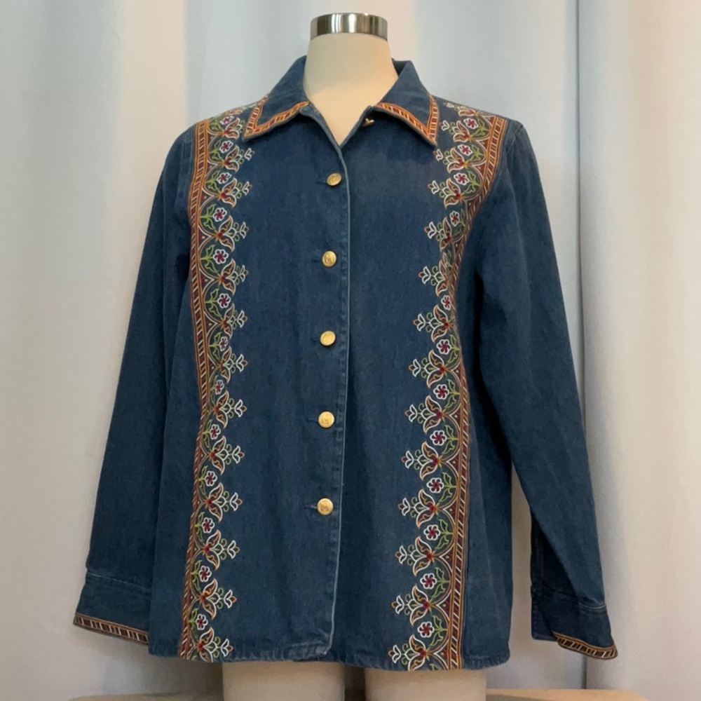 Bob Mackie Wearable Art Embroidered Blue Denim Jacket Women Size L